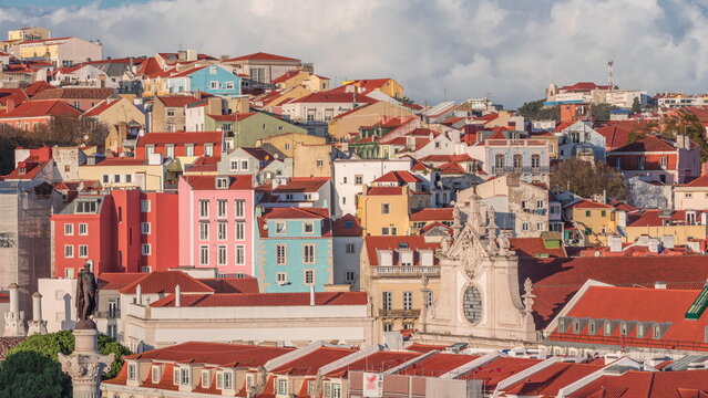 Colorful houses and residential buildings timelapse in Arroios district Lisbon, capital city of Portugal.