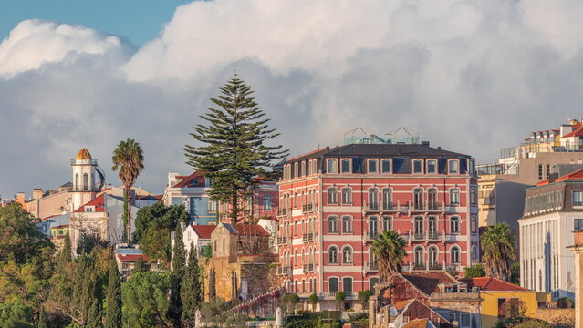 Jardim do Torel timelapse with views to the city center of Lisbon during evening. Portugal
