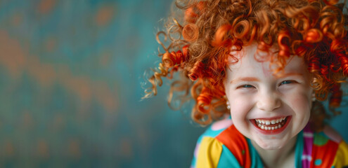 A young girl with red hair and red face paint is smiling and looking at the camera. happy and enjoying . funny red-haired curly-haired girl, April Fool, happy child, circus performer, childrens Day