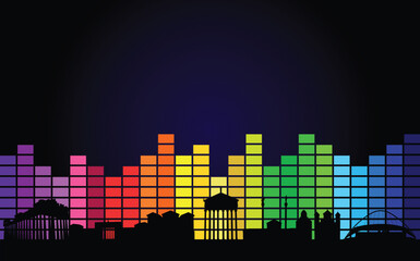 Black panorama of city of Athens on multi colored music equalizer on black background
