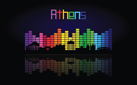 Black panorama of city of Athens on multi colored music equalizer with  reflection of city and music equalizer with multi colored inscription of the name of the city on black background