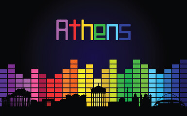 Black panorama of city of Athens on multi colored music equalizer with multi colored inscription of the name of the city on black background
