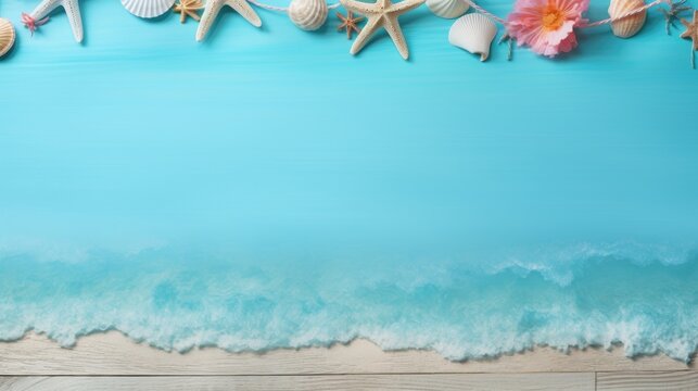 Beach Accessories On Blue Plank Summer Holiday