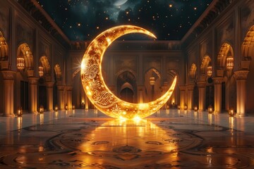 AN IMAGE FOR MASSIVE crescent with light on floor with ramadan theme background --ar 3:2 --style raw --stylize 250 Job ID: 61942965-7729-4d69-91c9-9f3635d2b3dd