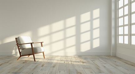 A minimalist 3D rendering of a serene room with a chair basking in the sunlight streaming through windows