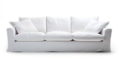 White fabric sofa with three seats, isolated on white background