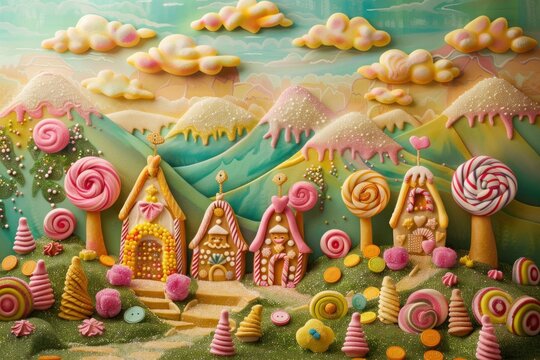 This painting depicts a whimsical candy land filled with colorful lollipops of various sizes and flavors. The lollipops are scattered throughout the landscape, creating a sweet and playful atmosphere
