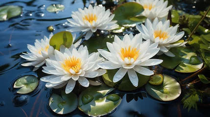 Foto op Canvas White water lilies in a pond with green leaves close-up © Eyd_Ennuard