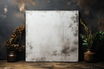 White canvas mockup on the background of a decorative plaster wall with dried flowers in a vase.