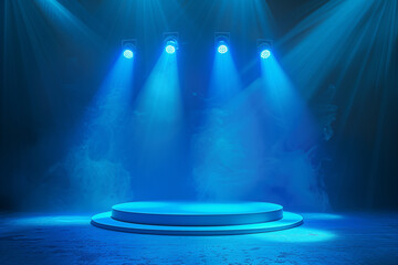 A central podium bathed in blue spotlights creates a dramatic and engaging scene