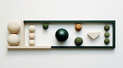 A high angle shot captures different geometric-shaped objects, including square half rings, spheres, and rectangular planks, balanced on the tip of a green pyramid against a white ground.