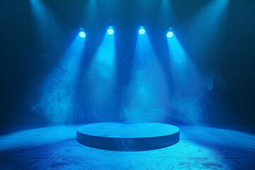 A central podium bathed in blue spotlights creates a dramatic and engaging scene