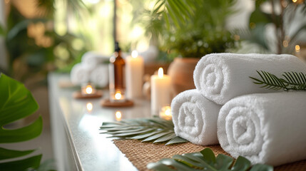 Spa Wellness Setting with Candles, Towels, and Flowers