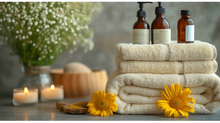 Fototapeta na wymiar Spa Still Life with Fluffy Towels and Yellow Flowers