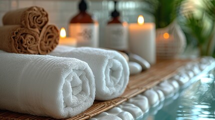 Serene Spa Atmosphere with Rolled Towels and Ambient Candles