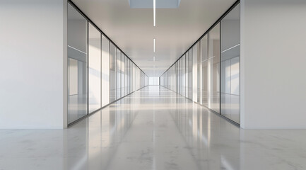 A modern, white office space with large windows offers a bright and airy ambiance