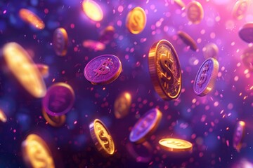 purple background with flying money and gold coins and dollar signs