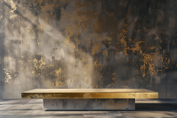 3D image depicts an opulent golden slab front desk against a dramatic grey concrete wall with...