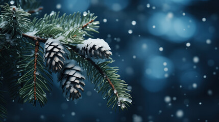 Coniferous tree with pine cones close-up space for text - obrazy, fototapety, plakaty