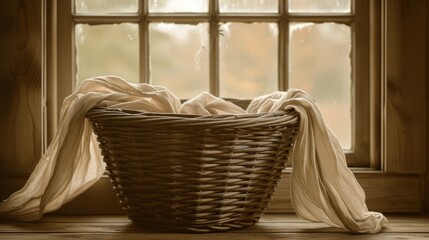 Fototapeta premium Antique Wicker Basket with Linen Cloth by Window Light