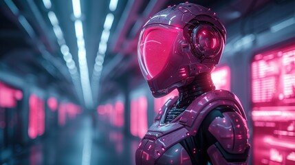 Advanced Robot with Glowing Visor in Neon-Lit Server Room