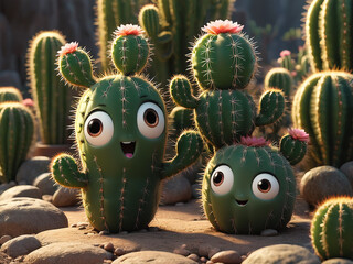 3d rendering cartoon of cacti with friendly face - generated by ai