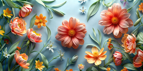 Multicolor Flowers on Sky Blue Background Close-Up in Spring