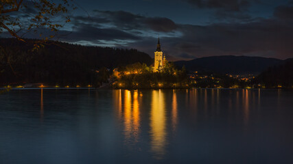 Church on the top of a hill on the island of Lake Bled