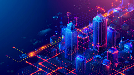 Isometric innovation futuristic Smart city, big data connection technology and secure wireless connection concept background