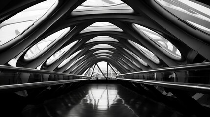 A metallic structure resembling a spaceship interior is depicted in black and white, evoking a futuristic and otherworldly ambiance.