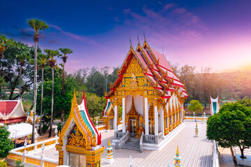 Landscape Buddhist Nai Harn temple Wat on Phuket island, Thailand, sunset light. Landmark for...