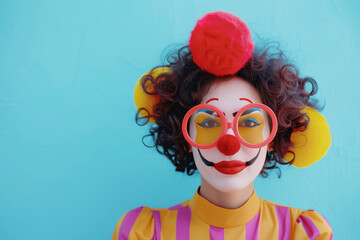 A woman with red hair and a clown costume is wearing red glasses and a red ball on her head. Woman dressed up with clown costume on pastel background