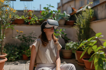 Relaxing in sunlit balcony, woman enjoys VR experience, blending thome comfort with cutting-edge technology