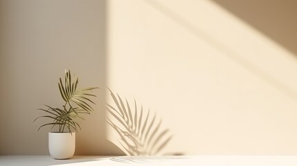 A minimalistic abstract gentle light beige background is designed for product presentations, featuring delicate light and intricate shadows from windows and vegetation on the wall.