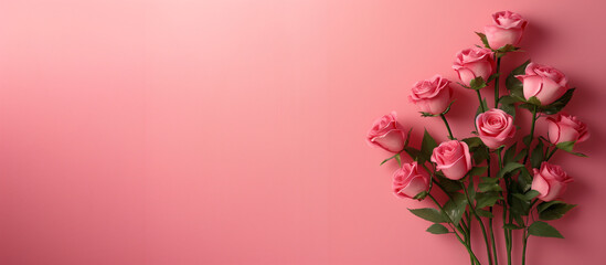 A bouquet of rose flowers placed beside a pink background, copy space