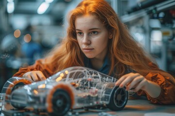 A female Design Engineer develops an innovative high-tech ultramodern eco-friendly electric vehicle according to eco-friendly standards