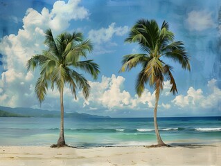 Atmospheric Beach Vista: Dual Palms and Marine Majesty in a Documentary Journey, Embracing Clouds, Waves, and Coastal Biodiversity.