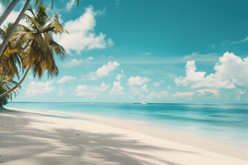 Turquoise Waters and Pristine White Sands: A Serene Beach Oasis with Lush Palm Trees, in a Polished, Natural Scenery.