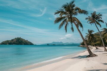 Crisp and Clear Turquoise Beach View with Palm Trees on Polished Sand, Embodying Serenity in Natural Scenery, AR 128:85, V 6.0