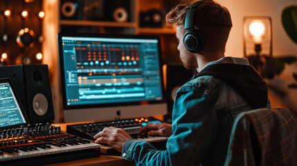 Image of a musician composing music with the help of AI technology. The musician at a digital workstation AI software suggesting melodies and rhythms on the screen. Modern music studio