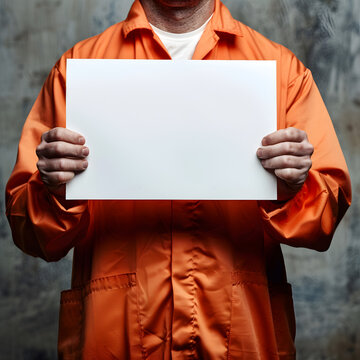 A prisoner in an orange jumpsuit holding a blank white sign 