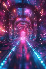 A tunnel illuminated by neon lights running down the middle, creating a futuristic and vibrant atmosphere