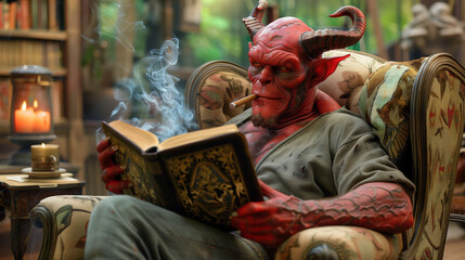 A man in the form of the devil sits in a posh armchair, smoking a cigar and reading a folio on black magic. A Pact with the Devil. - obrazy, fototapety, plakaty