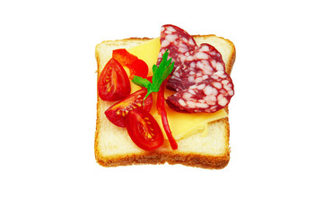 sandwich with sausage, cheese and tomato on a white background. a simple sandwich with cheese, sausage and greens	