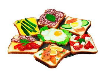 appetizing sandwiches in a gray plate on a white background. slices of bread with vegetables and meat in a plate on a light texture	