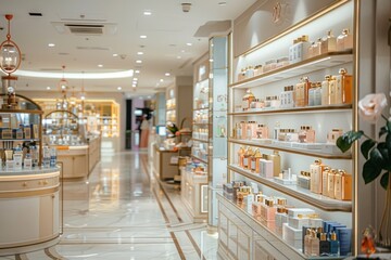 Many shelves in a store are stocked with numerous bottles of perfume in various shapes, sizes, and scents. The bottles are neatly arranged, creating a visually appealing display - obrazy, fototapety, plakaty