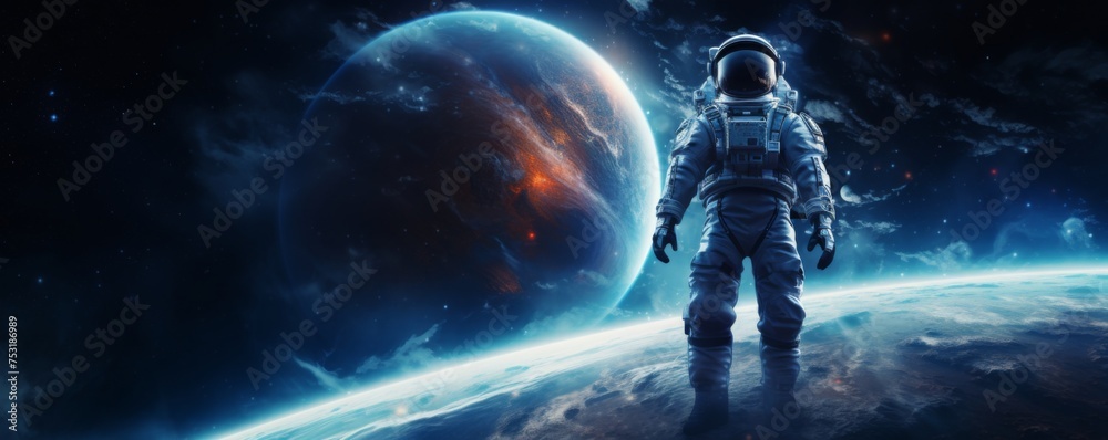 Wall mural astronaut walking in space exploring universe planets and space life, banner. generative ai.