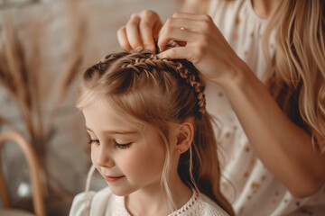 Fototapeta premium mother braiding hair her daughter in bathroom and looking to mirror