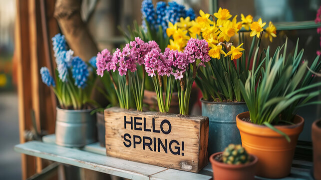 Sign with the text HELLO SPRING surrounded by spring flowers