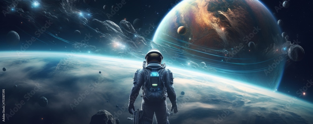 Wall mural astronaut walking in space exploring universe planets and space life, banner. generative ai.
